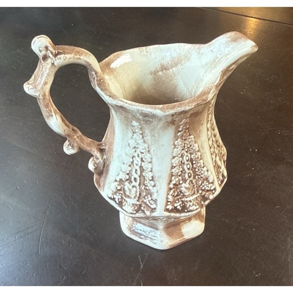 Midcentury Topiary Pottery 5" Pitcher Brown and Cream Glossy Vintage Decor